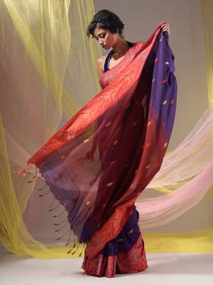 Purple Cotton Handspun Soft Saree With Nakshi Border And Contrast With Red Pallu 4