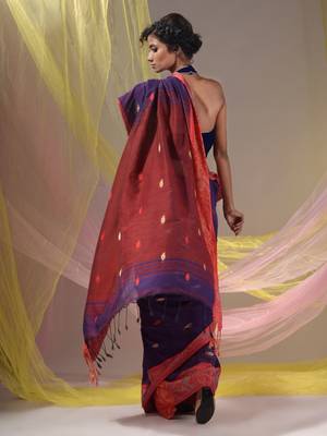 Purple Cotton Handspun Soft Saree With Nakshi Border And Contrast With Red Pallu 5