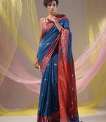 Yale Blue Cotton Handspun Soft Saree With Nakshi Border And Contrast With Red Pallu