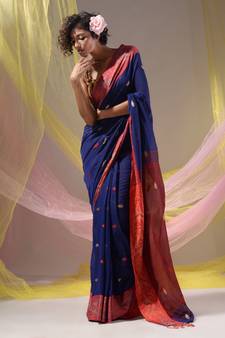 Blue Cotton Handspun Soft Saree With Nakshi Border And Contrast With Red Pallu