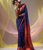 Blue Cotton Handspun Soft Saree With Nakshi Border And Contrast With Red Pallu