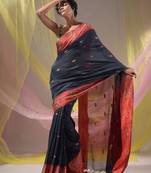 Licorise Black Cotton Handspun Soft Saree With Nakshi Border And Contrast With Red Pallu
