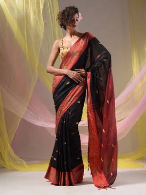 Black Cotton Handspun Soft Saree With Nakshi Border And Contrast With Red Pallu 2