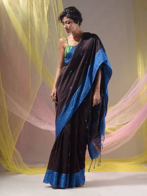 Mocha Brown Cotton Handspun Soft Saree With Texture Border 1