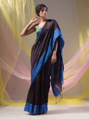 Mocha Brown Cotton Handspun Soft Saree With Texture Border 2