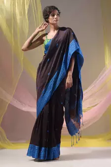 Mocha Brown Cotton Handspun Soft Saree With Texture Border