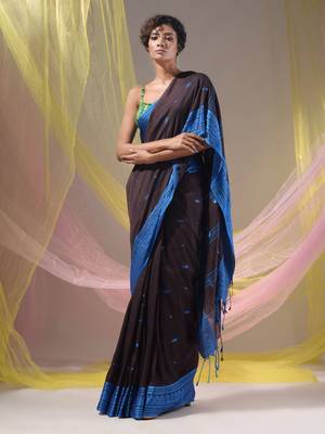 Mocha Brown Cotton Handspun Soft Saree With Texture Border 3