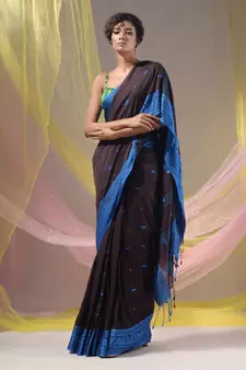 Mocha Brown Cotton Handspun Soft Saree With Texture Border