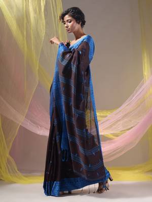 Mocha Brown Cotton Handspun Soft Saree With Texture Border 4