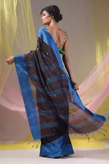 Mocha Brown Cotton Handspun Soft Saree With Texture Border