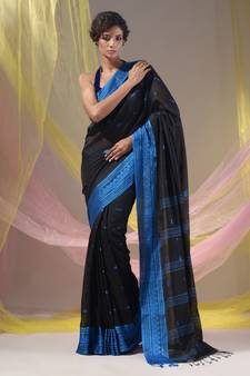 Black Cotton Handspun Soft Saree With Texture Border