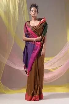 Dijon Yellow Cotton Handspun Soft Saree With Contrast Multicolor Pallu