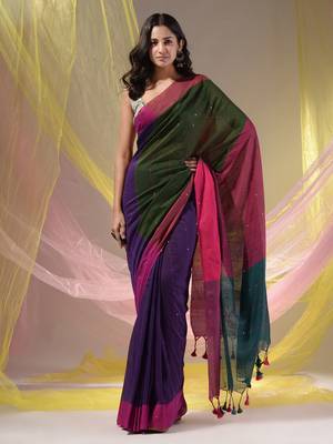 Purple Cotton Handspun Soft Saree With Contrast Multicolor Pallu 1