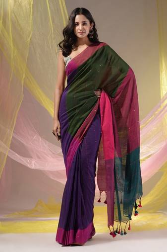Purple Cotton Handspun Soft Saree With Contrast Multicolor Pallu