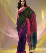 Purple Cotton Handspun Soft Saree With Contrast Multicolor Pallu