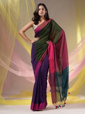 Purple Cotton Handspun Soft Saree With Contrast Multicolor Pallu 2