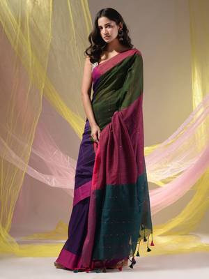 Purple Cotton Handspun Soft Saree With Contrast Multicolor Pallu 3