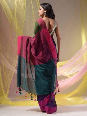Purple Cotton Handspun Soft Saree With Contrast Multicolor Pallu 4