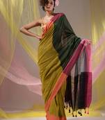 Sheen Green Cotton Handspun Soft Saree With Contrast Multicolor Pallu
