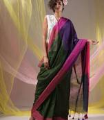 Green Cotton Handspun Soft Saree With Contrast Multicolor Pallu
