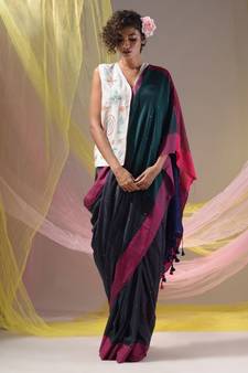 Slate Grey Cotton Handspun Soft Saree With Contrast Multicolor Pallu