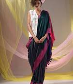 Slate Grey Cotton Handspun Soft Saree With Contrast Multicolor Pallu