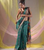 Teal Silk Matka Soft Saree With Paisley Motifs