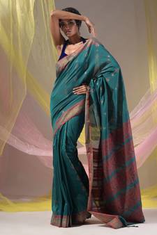 Teal Silk Matka Soft Saree With Nakshi Pallu