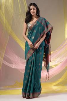 Teal Silk Matka Soft Saree With Textured Pallu