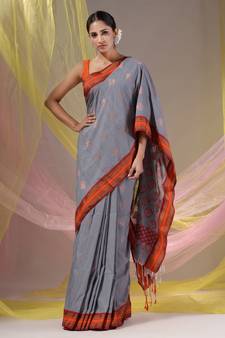 Grey Silk Matka Soft Saree Contrast With  Textured Pallu