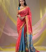 Rough Pink And Sky Blue Cotton Blend Handwoven Patli Pallu Saree With Texture Design