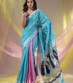 Sky Blue And Lavender Cotton Blend Handwoven Patli Pallu Saree With Floral And Paisley Motifs