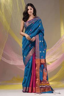 Sapphire Blue And Magenta Cotton Blend Handwoven Patli Pallu Saree With Floral And Paisley Motifs
