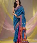 Sapphire Blue And Magenta Cotton Blend Handwoven Patli Pallu Saree With Floral And Paisley Motifs