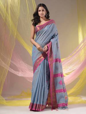 Grey Cotton Blend Handwoven Saree With Nakshi Design 1