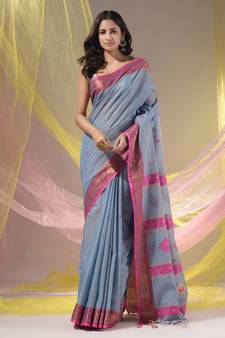 Grey Cotton Blend Handwoven Saree With Nakshi Design