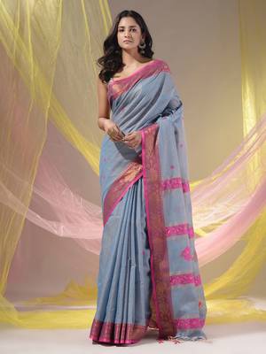 Grey Cotton Blend Handwoven Saree With Nakshi Design 2
