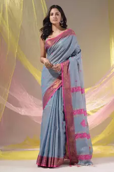 Grey Cotton Blend Handwoven Saree With Nakshi Design