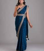 Classy And Girlish Nevy Blue Art Silk Saree With Sequance With Dori Embroidery Work