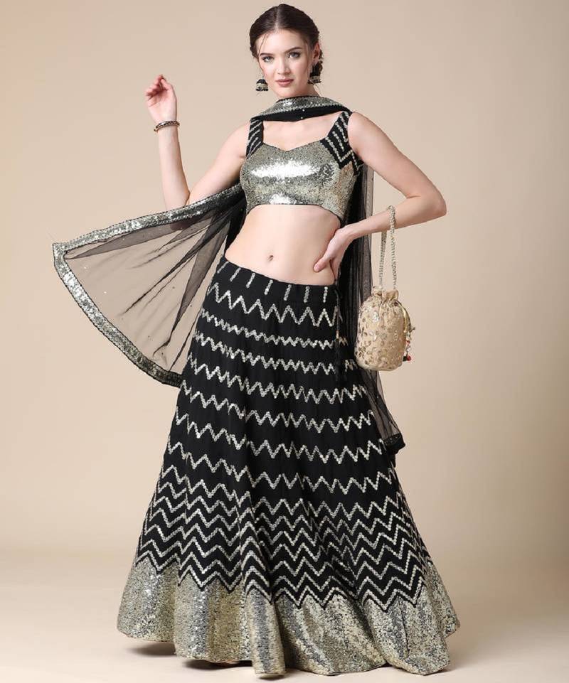 Mesmerizing Black zari and sequins embroidered with mirror work georgette Semi Stitched Lehenga choli for women