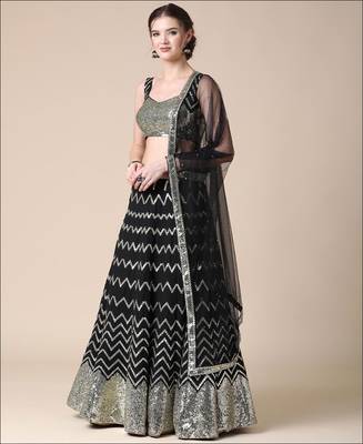 Mesmerizing Black zari and sequins embroidered with mirror work georgette Semi Stitched Lehenga choli for women 6