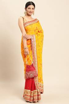 Red woven pure silk saree with blouse