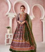 Designer Digital Printed Dress With Classy Sequance Embroidery Work In Mahendi Colour For Party Wear