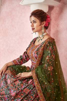 Designer Digital Printed Dress With Classy Sequance Embroidery Work In Mahendi Colour For Party Wear 2