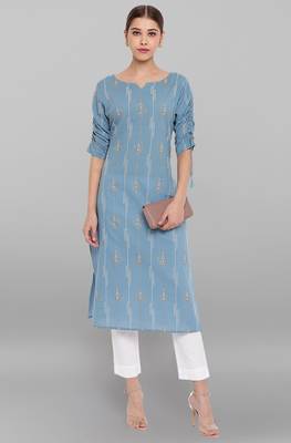 Classy And Ethnic Turquoise Blue Colour Cotton Kurti With Ethnic Motifs Texture 1