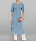 Classy And Ethnic Turquoise Blue Colour Cotton Kurti With Ethnic Motifs Texture