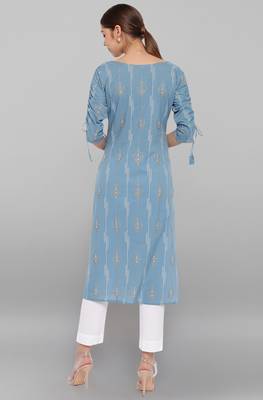 Classy And Ethnic Turquoise Blue Colour Cotton Kurti With Ethnic Motifs Texture 2