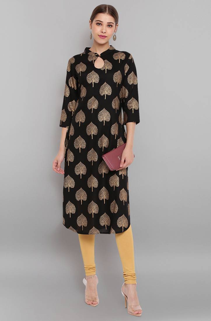 Girlish And Ethnic Black Colour Dola silk Kurti With Botanical Printed Texture