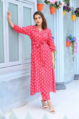 Digital Printed Ethnic Touch Pink Colour Muslin Fabric Classy Kurti 1