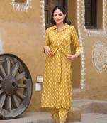  Digital Printed Ethnic Touch Mustard Colour Muslin Fabric Classy Kurti